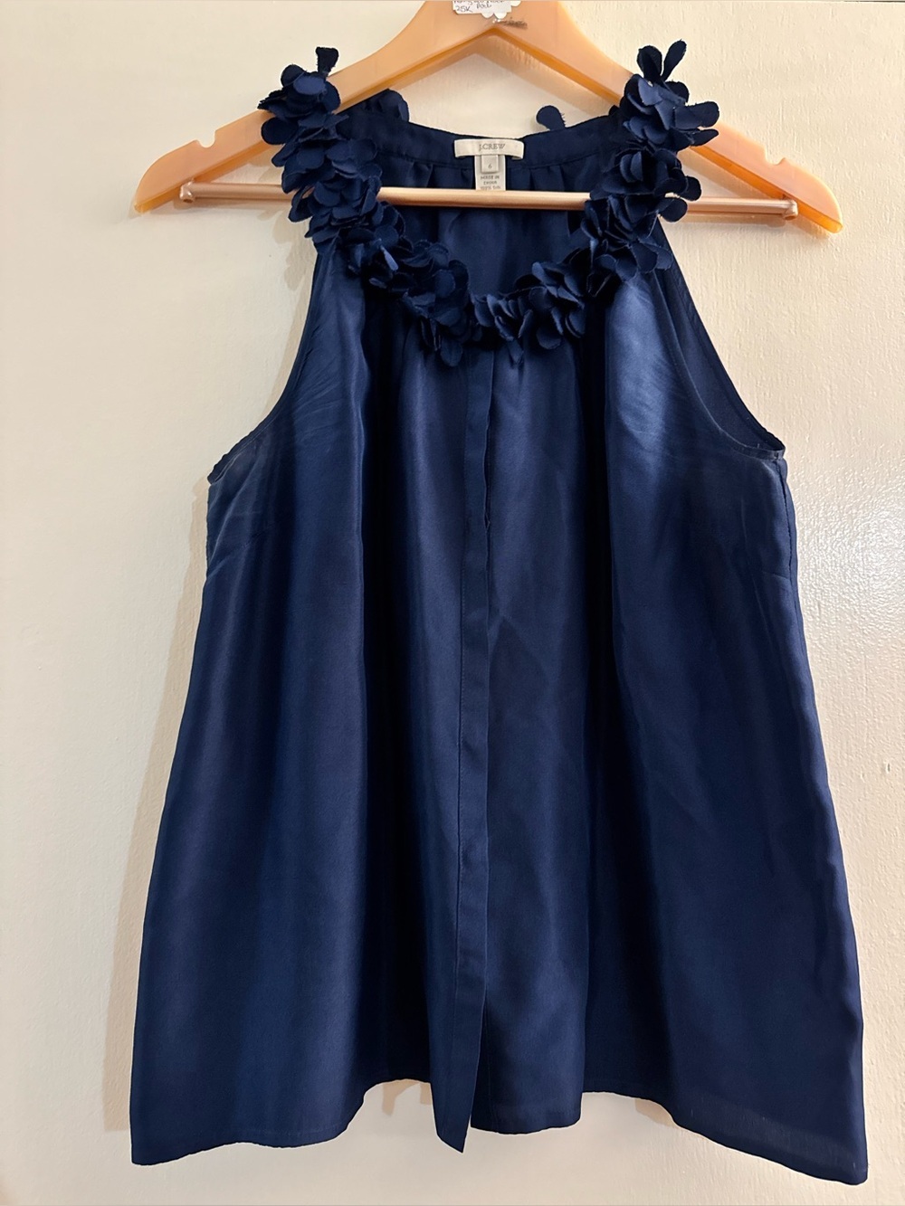 J. Crew navy blue silk blouse with a distinctive rosette ruffle collar Size 6